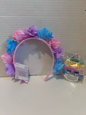 Pink Floral Headband with Blue & Purple Flowers & 2 pairs of earrings age 4+